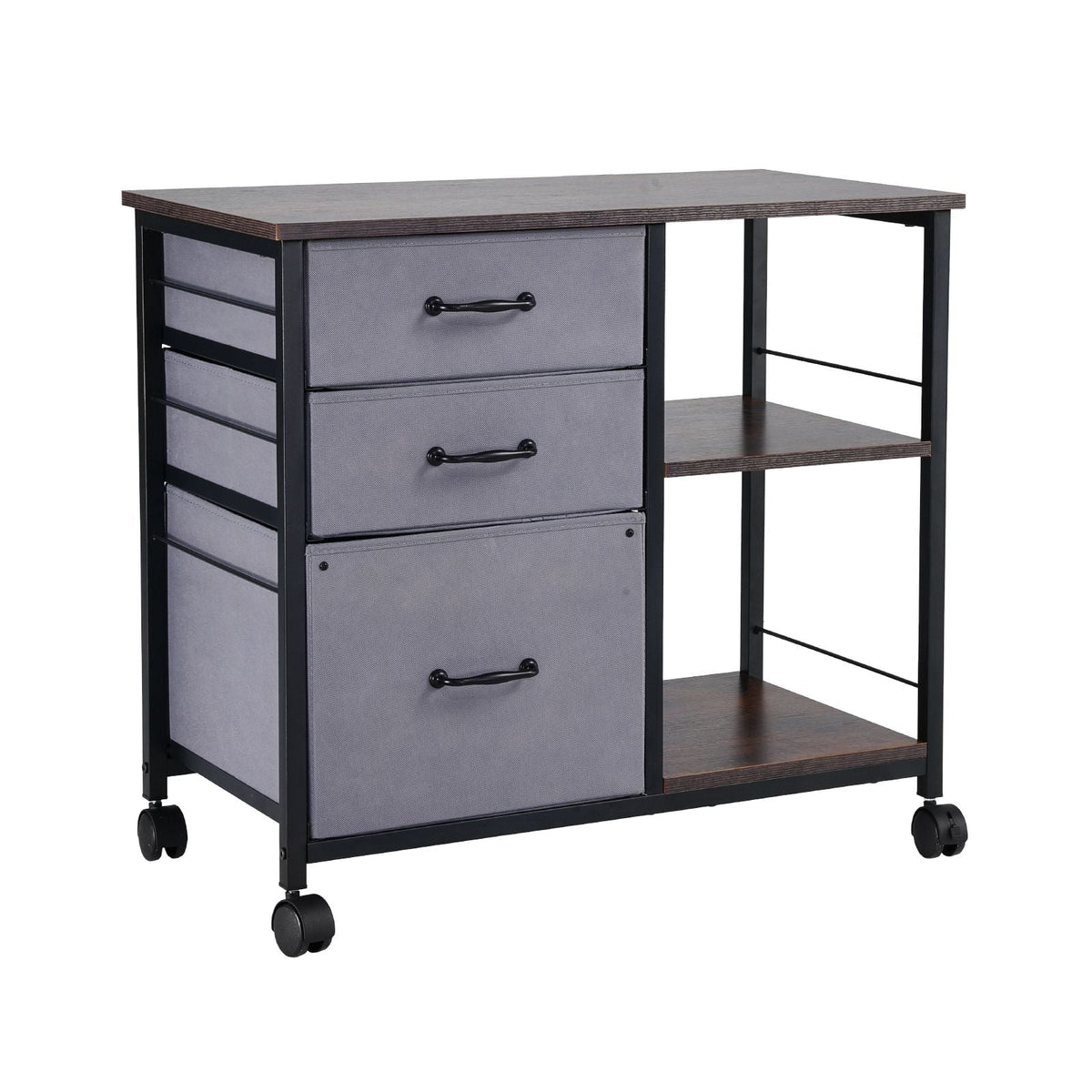 Metal File Cabinet, Mobile Filing Cabinet with 3 Fabric Drawers and 2 Open Shelves, Wooden Vertical Filing Storage Cabinets with Wheels for Letter, A4, Legal Size File, Easy Assembly, Brown