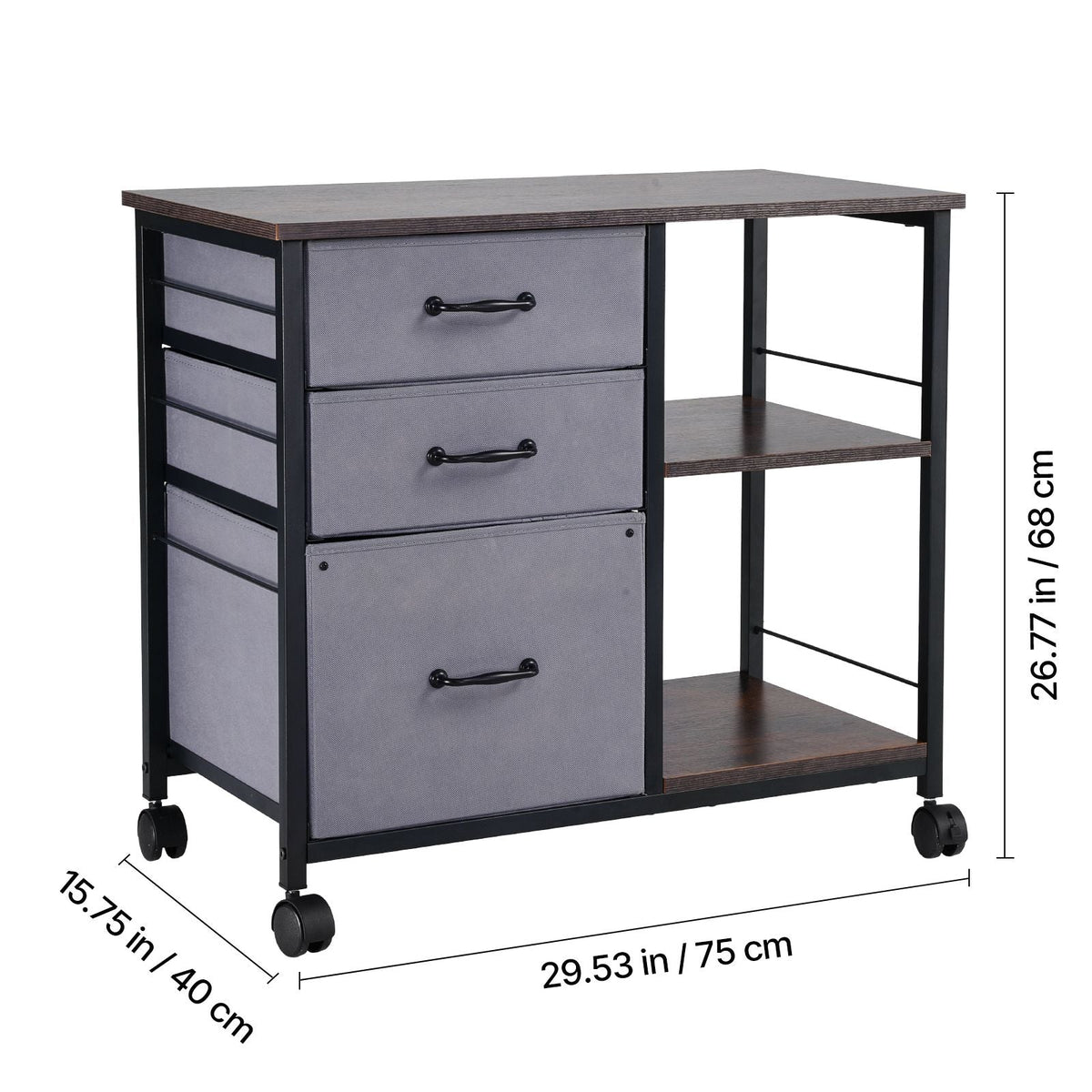 Metal File Cabinet, Mobile Filing Cabinet with 3 Fabric Drawers and 2 Open Shelves, Wooden Vertical Filing Storage Cabinets with Wheels for Letter, A4, Legal Size File, Easy Assembly, Brown