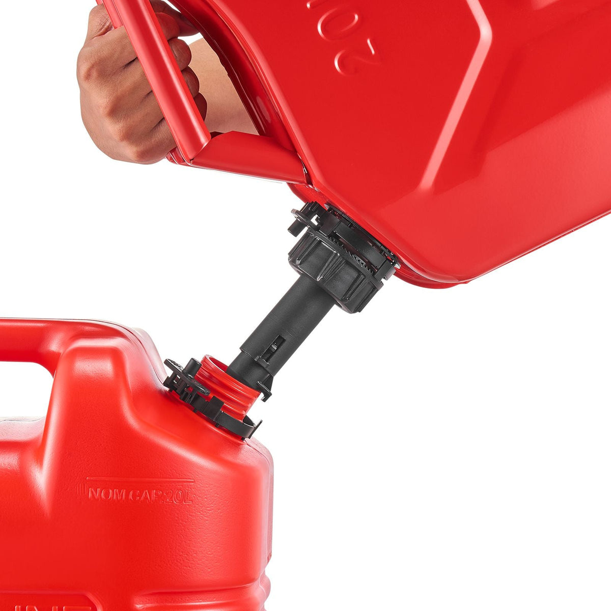Metal Fuel Container, 5.3 Gallon, Fuel Jerry Can with Spout and Comfort Handle, 6 L/min Max Flow Rate, Leakproof & Corrosion-resistant Metal Gas Tank Most Cars Motorcycle ATV UTV, Red, 2 Packs