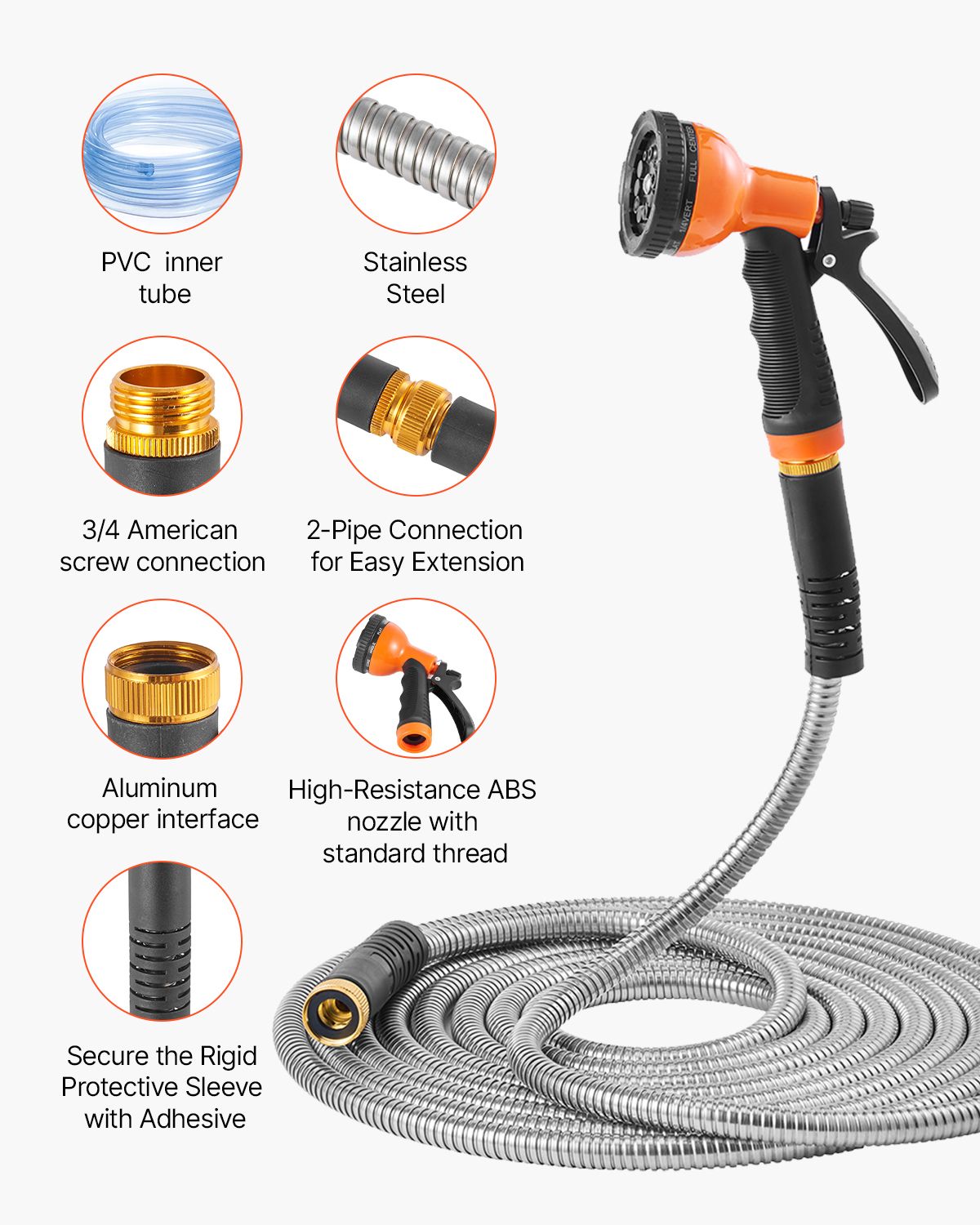 Metal Garden Hose 200 ft, Rust Proof Stainless Steel Water Hose, Heavy Duty Backyard Hose with 10 Function Nozzle, No-Kink & Flexible Water Pipe, Lightweight Metal Hose for Yard, Outdoor