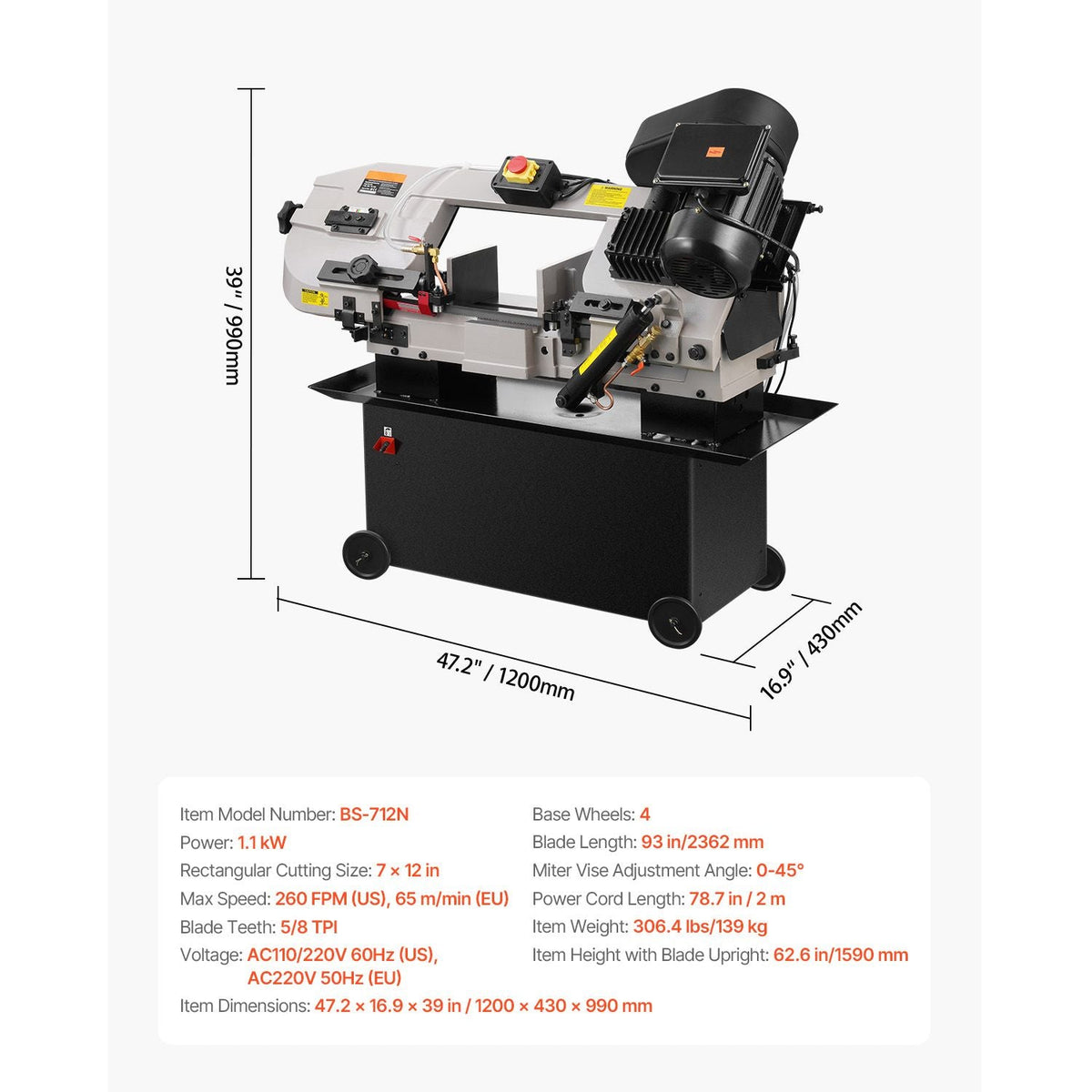 Metal Horizontal Band Saw, 7 x 12 in Rectangular Cutting Capacity, 110/220V Metal Vertical Cutting Bandsaw with 1.1 kW Motor, 0-45° Angle Adjustment, Variable Speed, for Metal, Wood, and Plastic