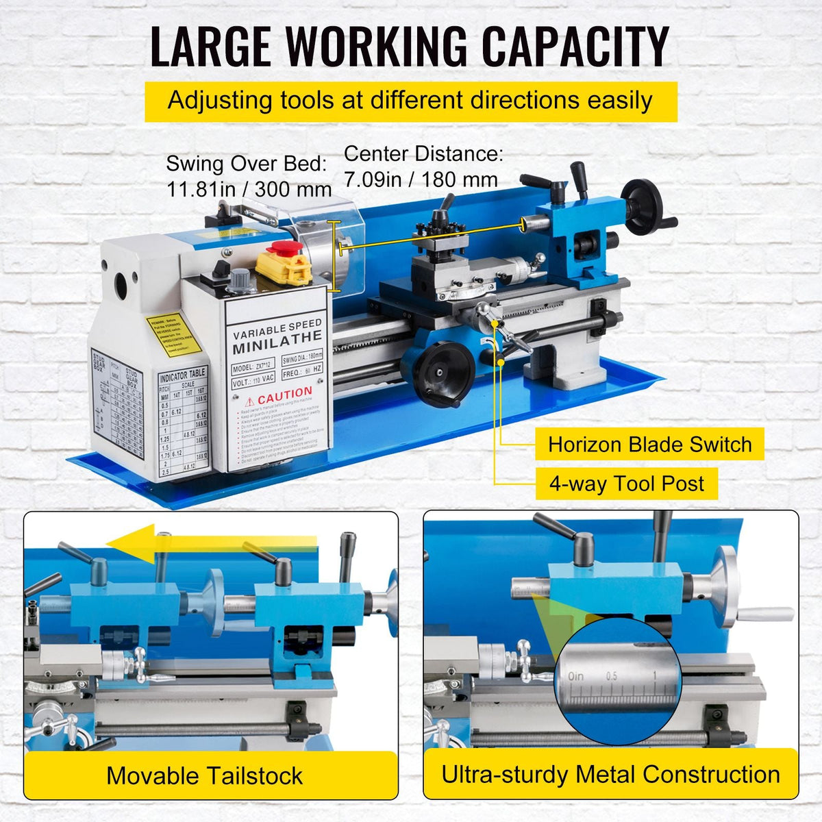 Metal Lathe 7"x12",Precision Bench Top Mini Metal Lathe 550W, Metal Lathe Variable Speed 50-2500 RPM Nylon Gear With A Movable Lamp for Precision Parts Processing