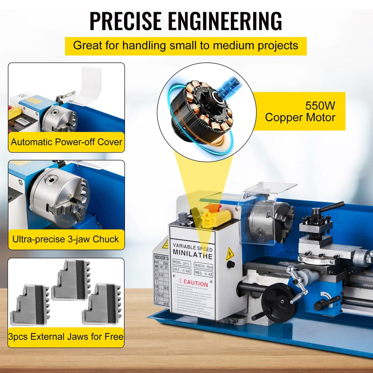 Metal Lathe 7"x12",Precision Bench Top Mini Metal Lathe 550W, Metal Lathe Variable Speed 50-2500 RPM Nylon Gear With A Movable Lamp for Precision Parts Processing