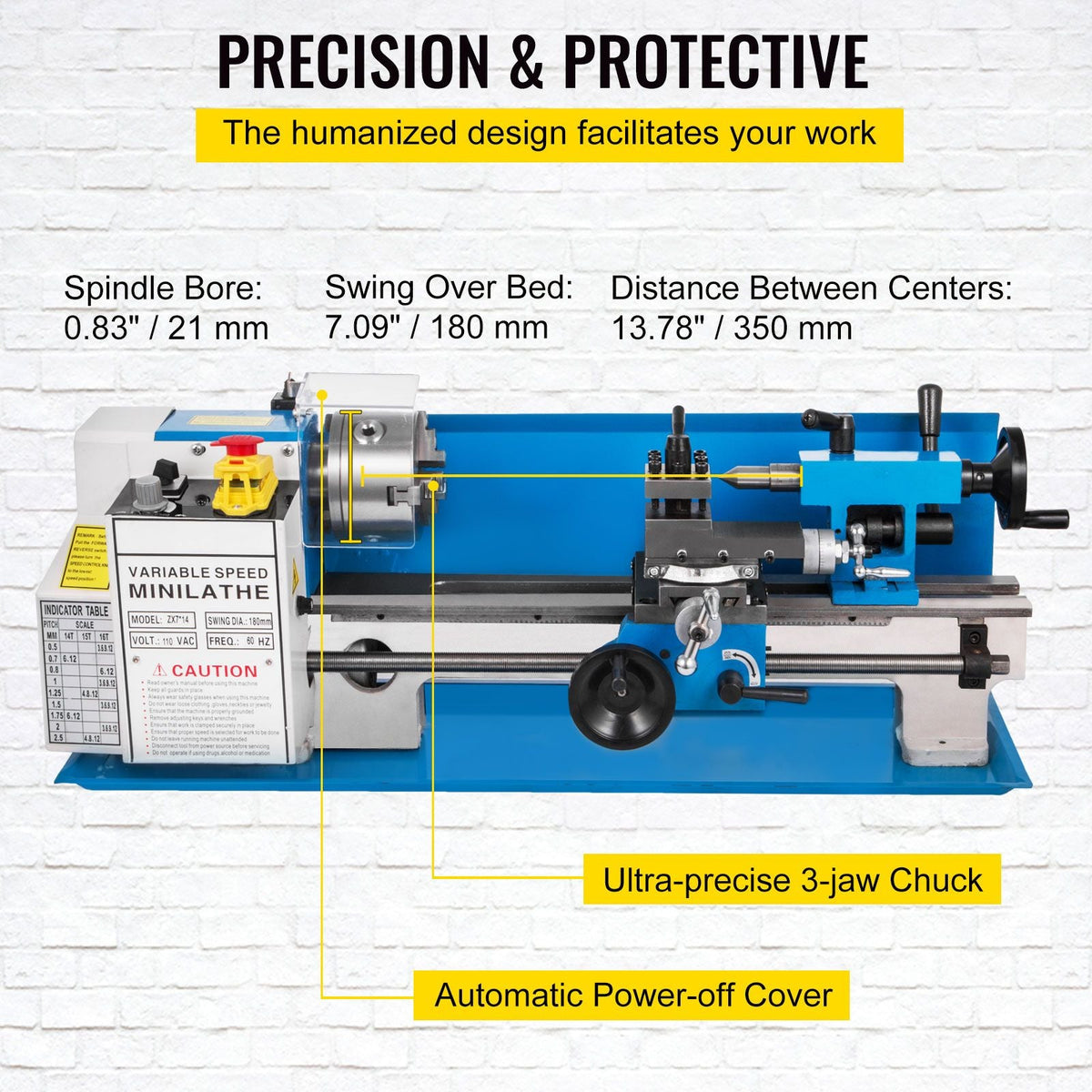 Metal Lathe 7x14inch Precision Bench Top Mini Metal Lathe 550W Precision Metal Lathe Variable Speed 50-2500 RPM Nylon Gear with A Movable Lamp
