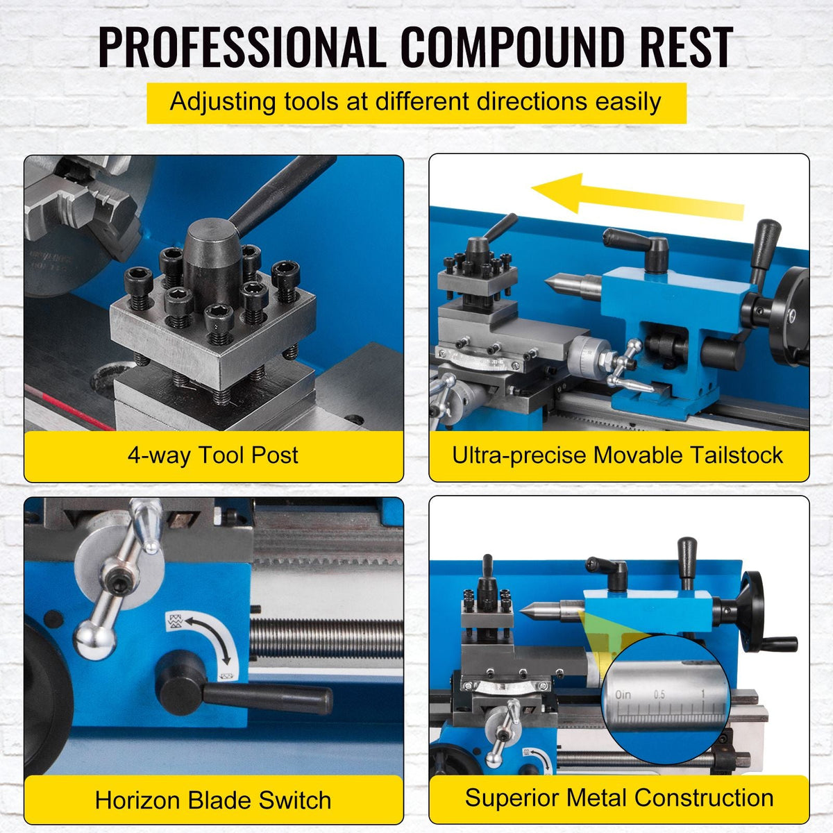 Metal Lathe 7x14inch Precision Bench Top Mini Metal Lathe 550W Precision Metal Lathe Variable Speed 50-2500 RPM Nylon Gear with A Movable Lamp