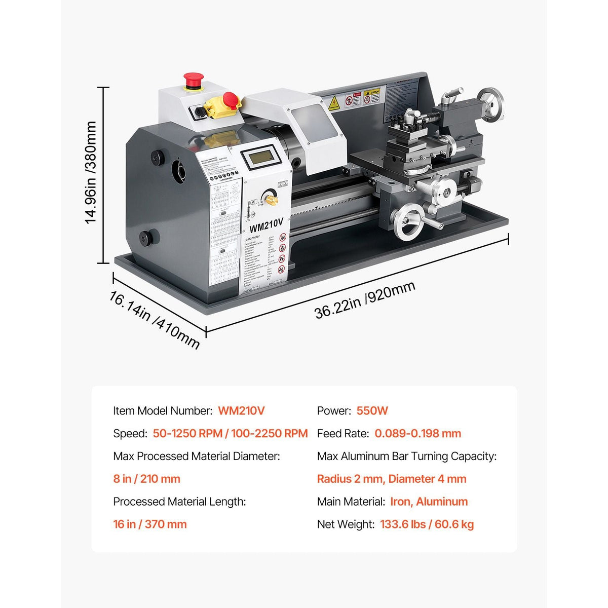 Metal Lathe, 8 x 16 in, 550W Benchtop Lathe Machine, 0-2500 RPM Variable Speed, with 0.0003 in Spindle Accuracy Metal Gear, for Processing Precision Parts Imperial/Metric Thread Soft Metals Wood