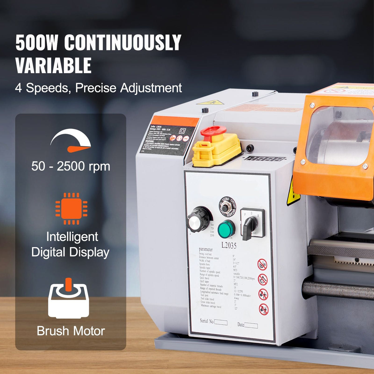 Metal Lathe Machine, 7.87'' x 13.78'', Precision Benchtop Power Metal Lathe,, 50-2500 RPM Continuously Variable Speed, 600W Brush Motor Metal Gears, with Tool Box for Processing Precision Parts