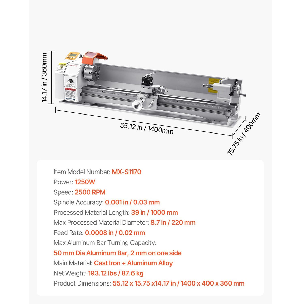 Metal Lathe Machine, 8.7 x 39 in, Precision Bench Power Metal Lathe, Automatic Feed, 0-2500 RPM Variable Speed, 1250W Brushless Motor, for Processing Precision Parts Soft Metals Wood Plastics