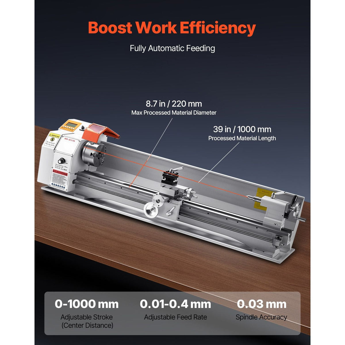 Metal Lathe Machine, 8.7 x 39 in, Precision Bench Power Metal Lathe, Automatic Feed, 0-2500 RPM Variable Speed, 1250W Brushless Motor, for Processing Precision Parts Soft Metals Wood Plastics
