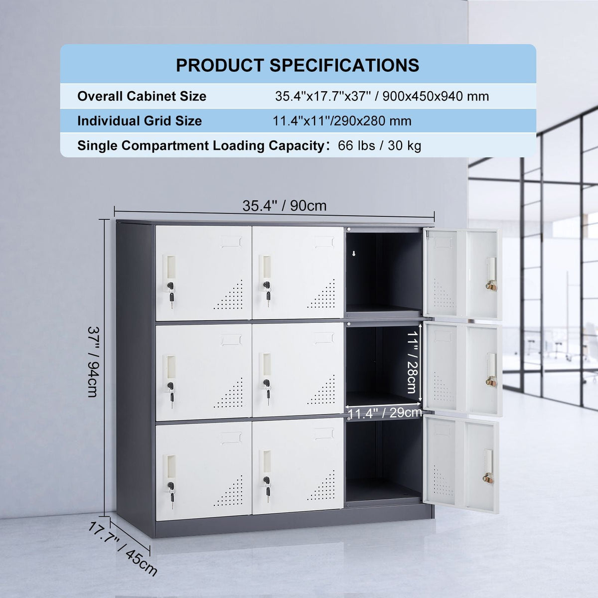Metal Locker for Employees, 9 Doors Storage Cabinet with Card Slot, Gray Steel Employee Lockers with Keys, 66lbs Loading Capacity office Storage Lockers for Home, School, Office, Gym