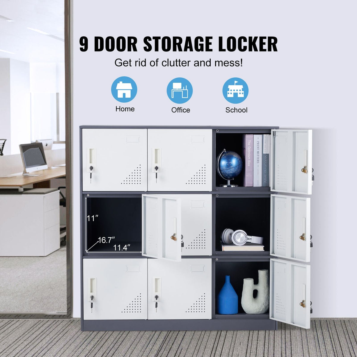 Metal Locker for Employees, 9 Doors Storage Cabinet with Card Slot, Gray Steel Employee Lockers with Keys, 66lbs Loading Capacity office Storage Lockers for Home, School, Office, Gym