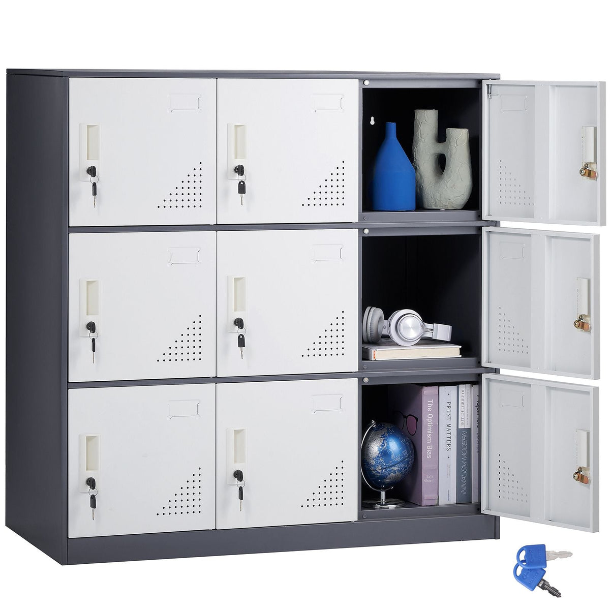 Metal Locker for Employees, 9 Doors Storage Cabinet with Card Slot, Gray Steel Employee Lockers with Keys, 66lbs Loading Capacity office Storage Lockers for Home, School, Office, Gym