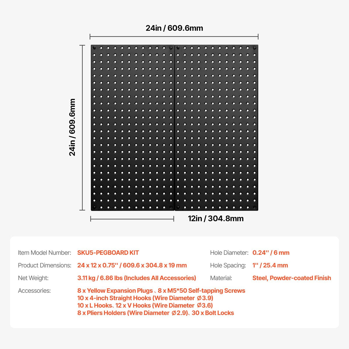 Metal Pegboard Panels, 24" x 12" Pegboard, 2 Panels, Heavy Duty Peg Board Wall Organizer with Accessories, for Living Room Garage Tool Storage Office Organization Craft Room Kitchen Home, Black