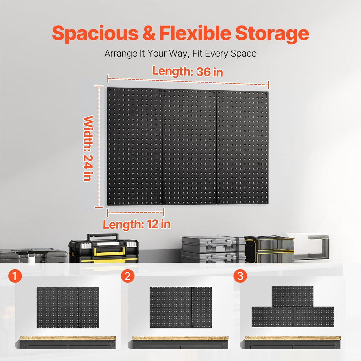 Metal Pegboard Panels, 24" x 12" Pegboard, 3 Panels, Heavy Duty Steel Peg Board Wall Organizer, for Living Room Garage Tool Storage Workbench Office Organization Craft Room Kitchen Home, Black