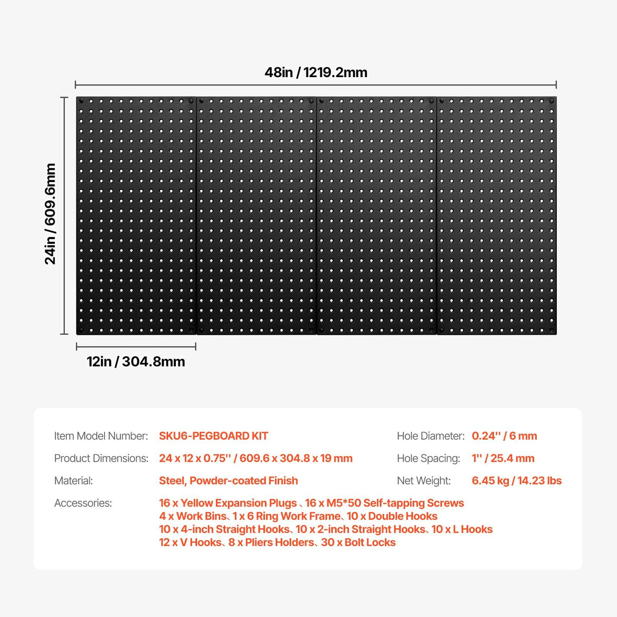Metal Pegboard Panels, 24" x 12" Pegboard, 4 Panels, Heavy Duty Peg Board Wall Organizer with Accessories, for Living Room Garage Tool Storage Office Organization Craft Room Kitchen Home, Black