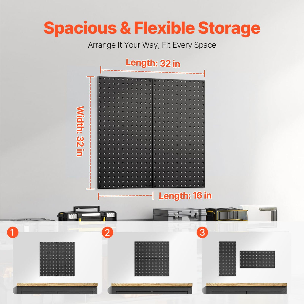 Metal Pegboard Panels, 32" x 16" Pegboard, 2 Panels, Heavy Duty Steel Peg Board Wall Organizer, for Living Room Garage Tool Storage Workbench Office Organization Craft Room Kitchen Home, Black