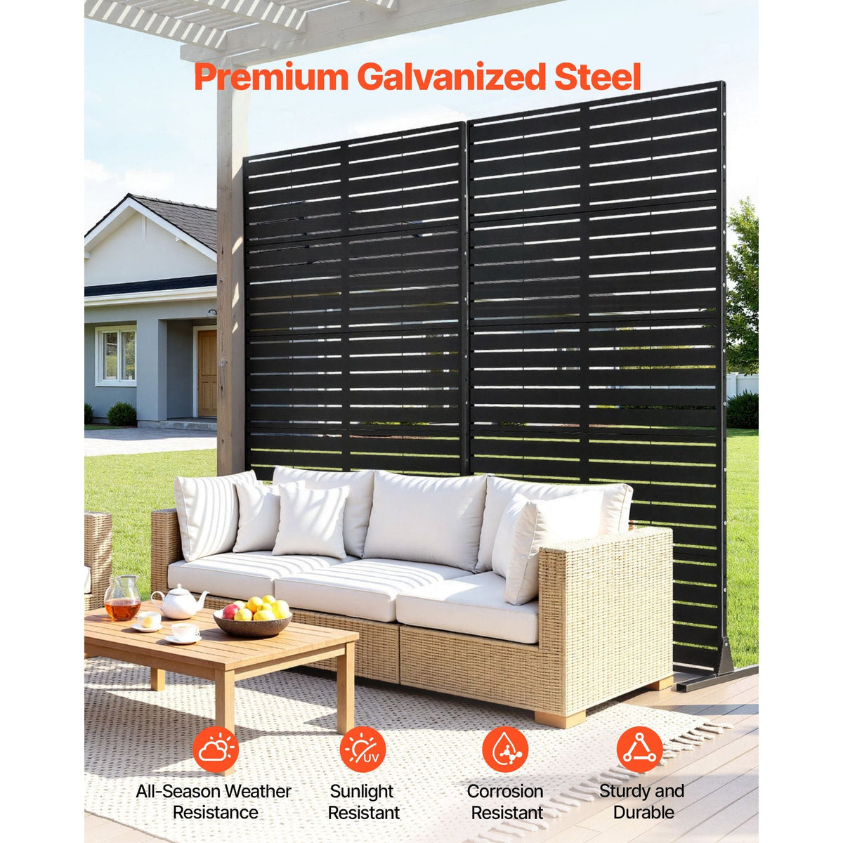 Metal Privacy Screen, 44" W x 72" H Freestanding Modern Privacy Fence, Garden Divider Panel with Extended Base & Reinforcement Fixed, Freestanding Outdoor Divider for Garden, Indoor, Courtyard