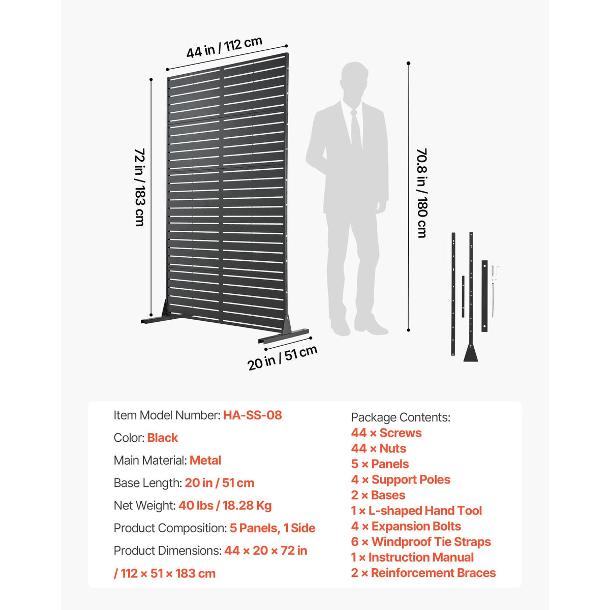 Metal Privacy Screen, 44" W x 72" H Freestanding Modern Privacy Fence, Garden Divider Panel with Extended Base & Reinforcement Fixed, Freestanding Outdoor Divider for Garden, Indoor, Courtyard