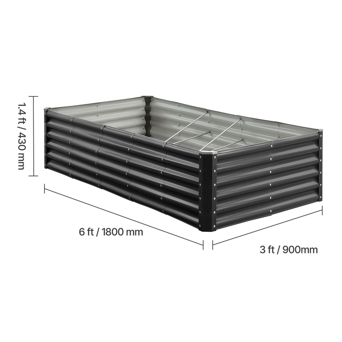 Metal Raised Garden Bed, 6 x 3 x 1.4 ft Outdoor Galvanized Planter Garden Box, Open Bottom Design, Large Planter Raised Bed for Growing Vegetables, Flowers, Herbs, and Succulents, Dark Gray