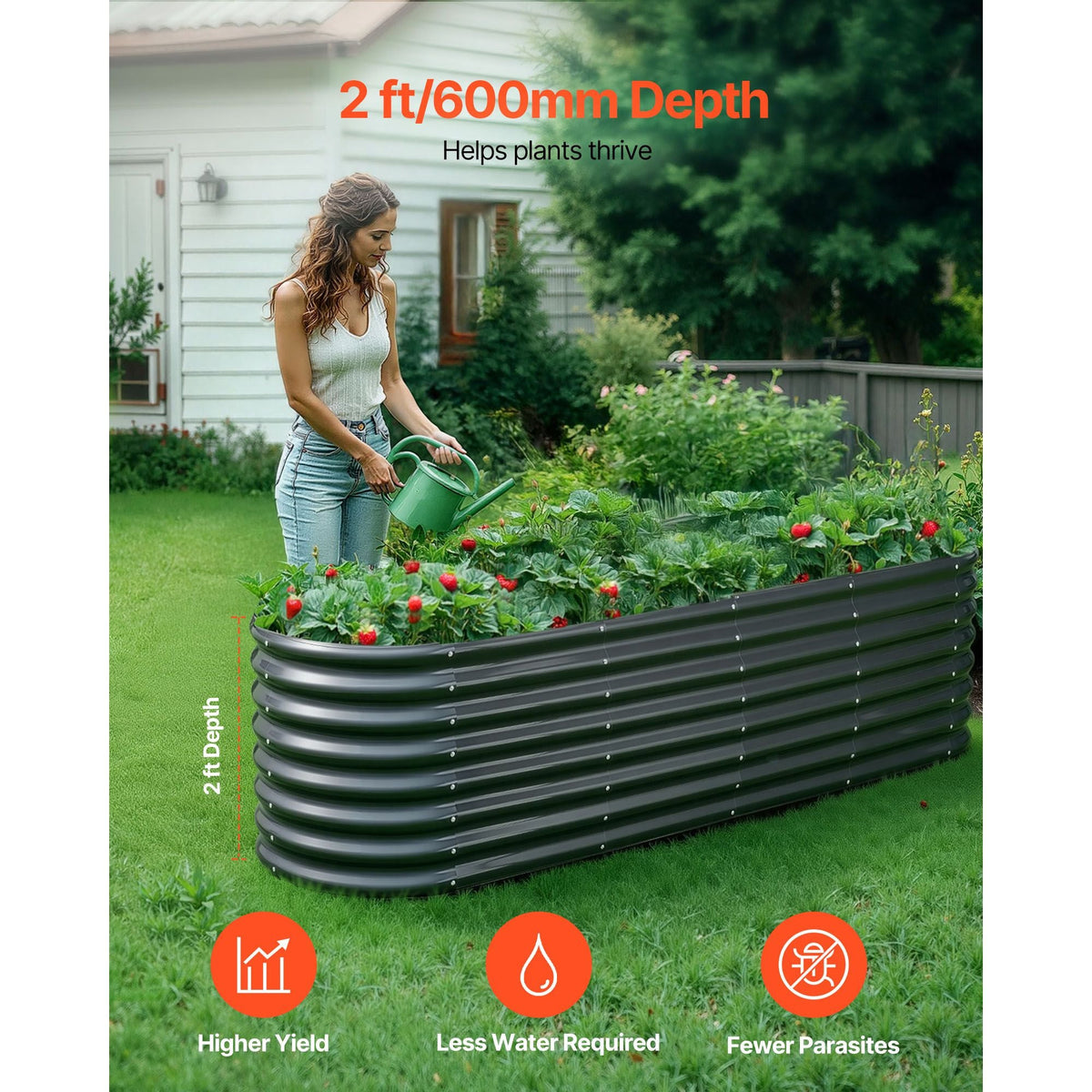 Metal Raised Garden Bed, 8 x 2 x 2 ft Oval Outdoor Galvanized Planter Garden Box, Open Bottom Design, Large Planter Raised Bed for Growing Vegetables, Flowers, Herbs, and Succulents, Dark Gray