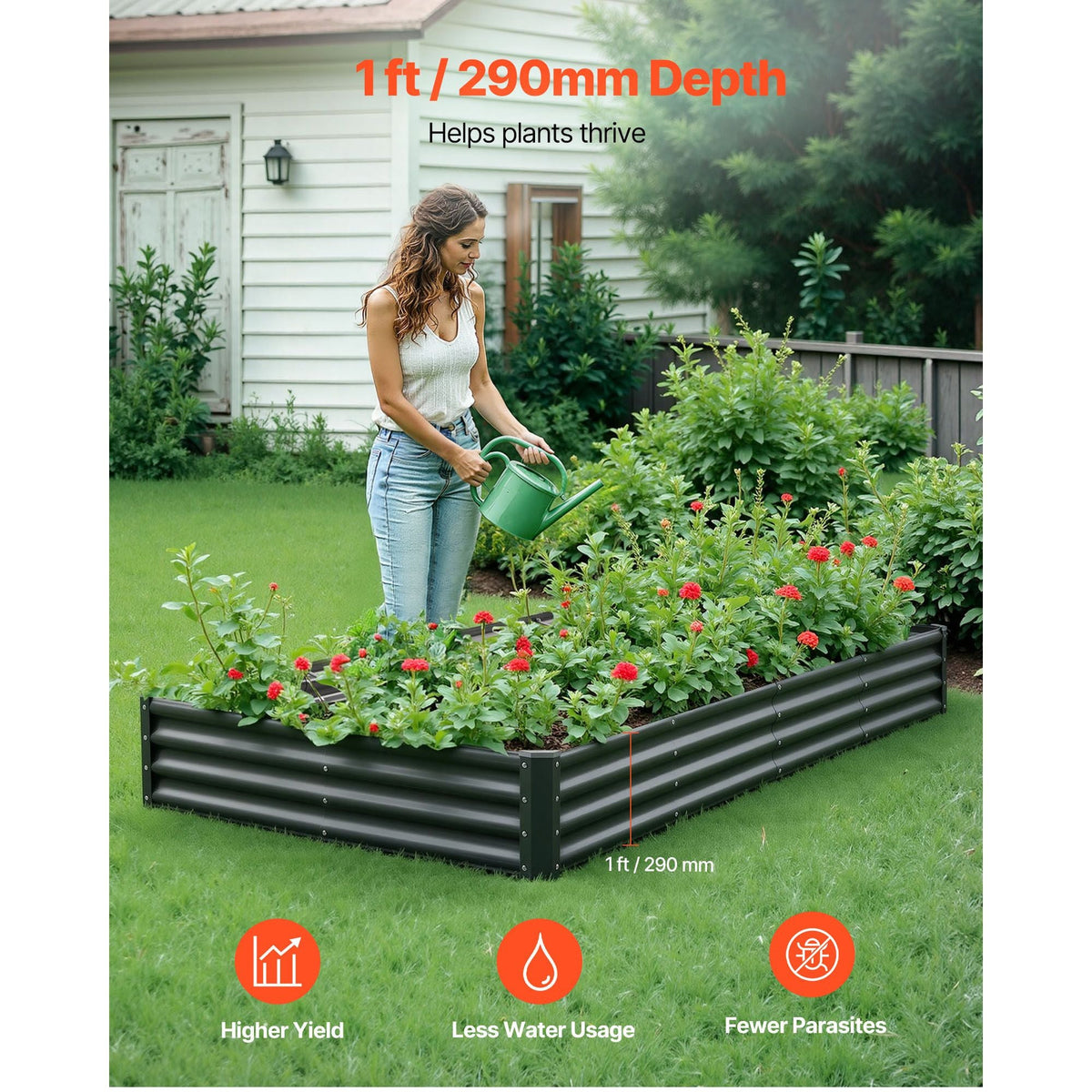Metal Raised Garden Bed, 8 x 4 x 1 ft Outdoor Galvalume Planter Garden Box, Open Bottom Design, Large Planter Raised Bed for Growing Vegetables, Flowers, Herbs, and Succulents, Dark Gray