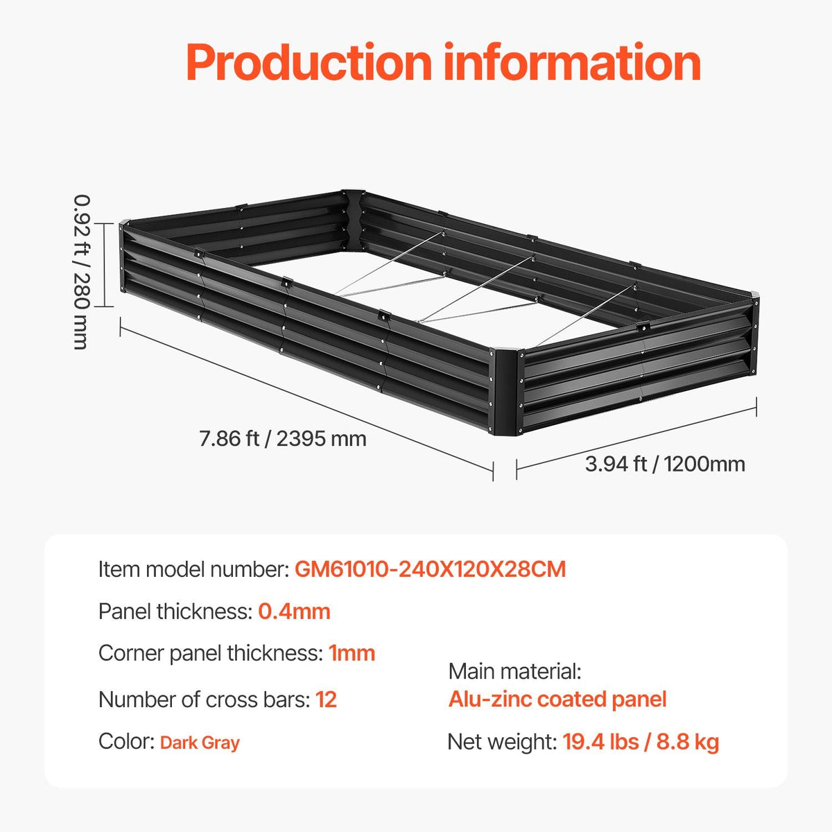 Metal Raised Garden Bed, 8 x 4 x 1 ft Outdoor Galvanized Planter Box, with Open Bottom, Large Planter Raised Bed for Gardening Vegetables, Flowers, Herbs, and Succulent Plants, Dark Gray