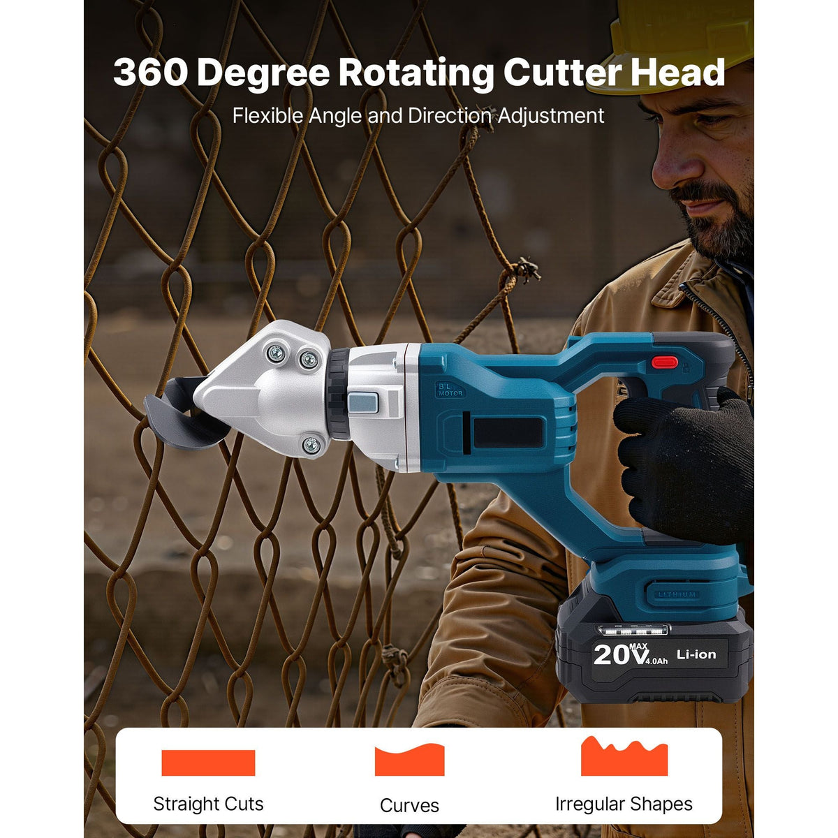 Metal Shear, Cordless Sheet Metal Cutter with 360-Degree Pivoting Head, Double Blades, 110VAC 20VDC, Cuts 18 GA Galvanized Steel, 20 GA Stainless Steel, Aluminum, Plastic, Cardboard, 2800SPM