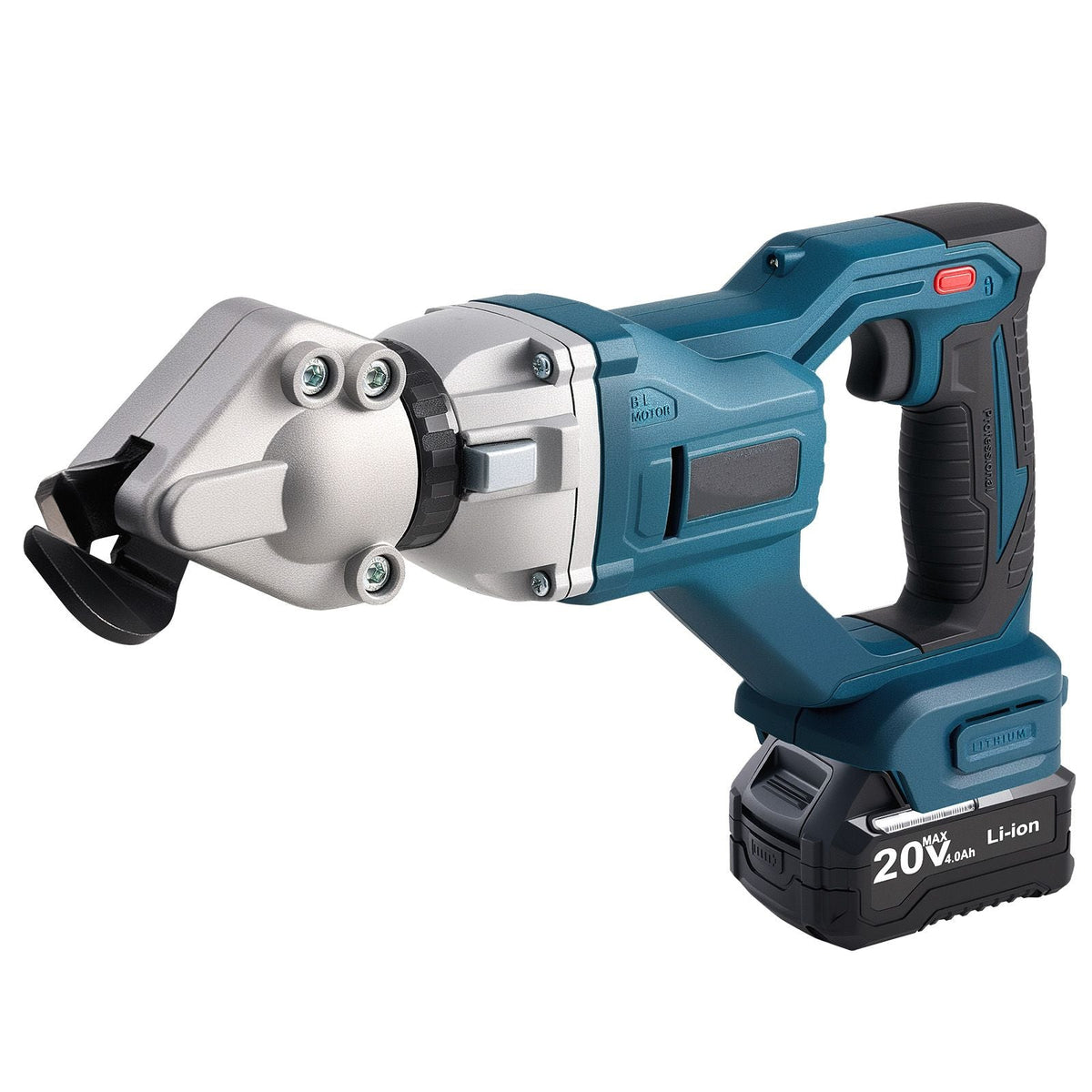 Metal Shear, Cordless Sheet Metal Cutter with 360-Degree Pivoting Head, Double Blades, 110VAC 20VDC, Cuts 18 GA Galvanized Steel, 20 GA Stainless Steel, Aluminum, Plastic, Cardboard, 2800SPM