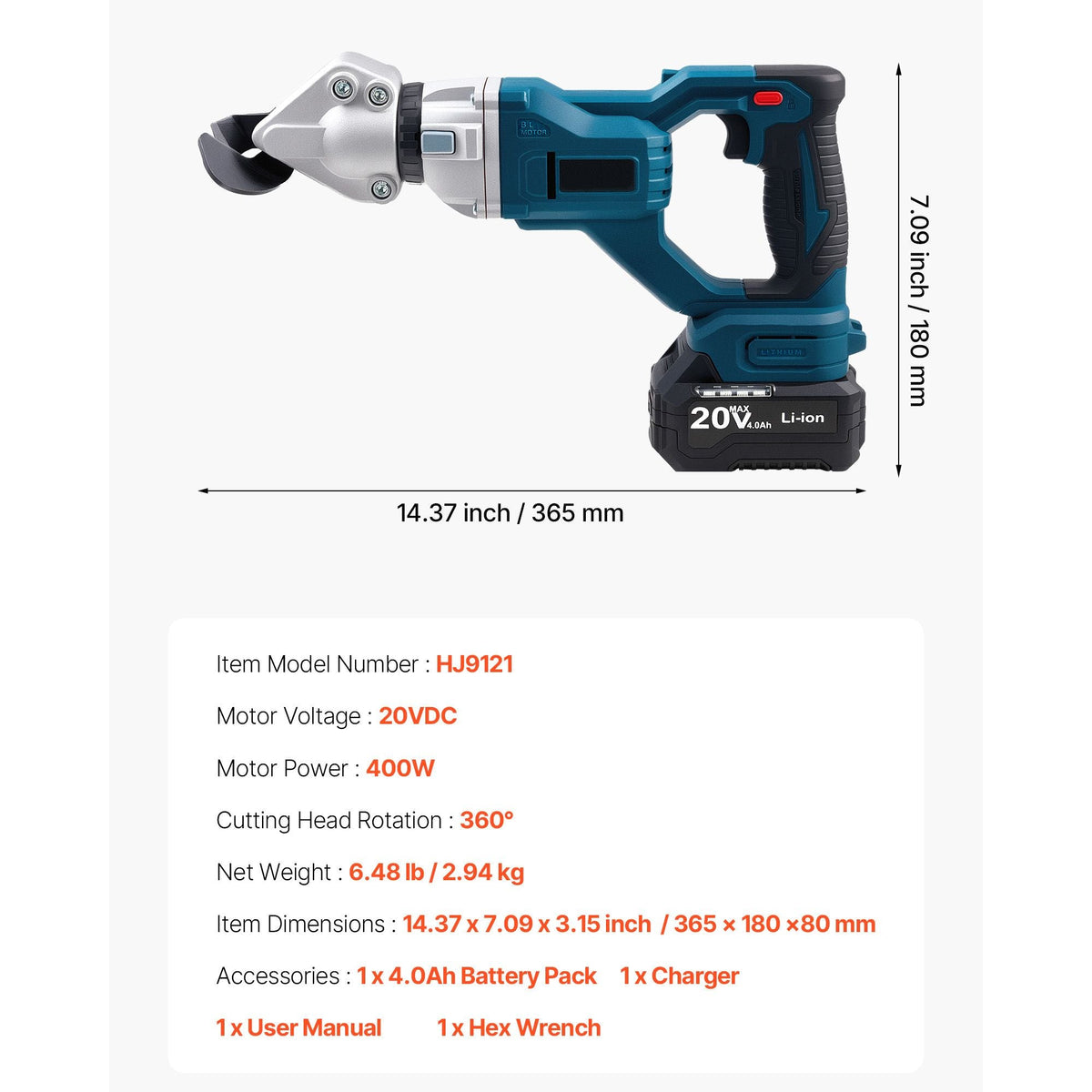Metal Shear, Cordless Sheet Metal Cutter with 360-Degree Pivoting Head, Double Blades, 110VAC 20VDC, Cuts 18 GA Galvanized Steel, 20 GA Stainless Steel, Aluminum, Plastic, Cardboard, 2800SPM