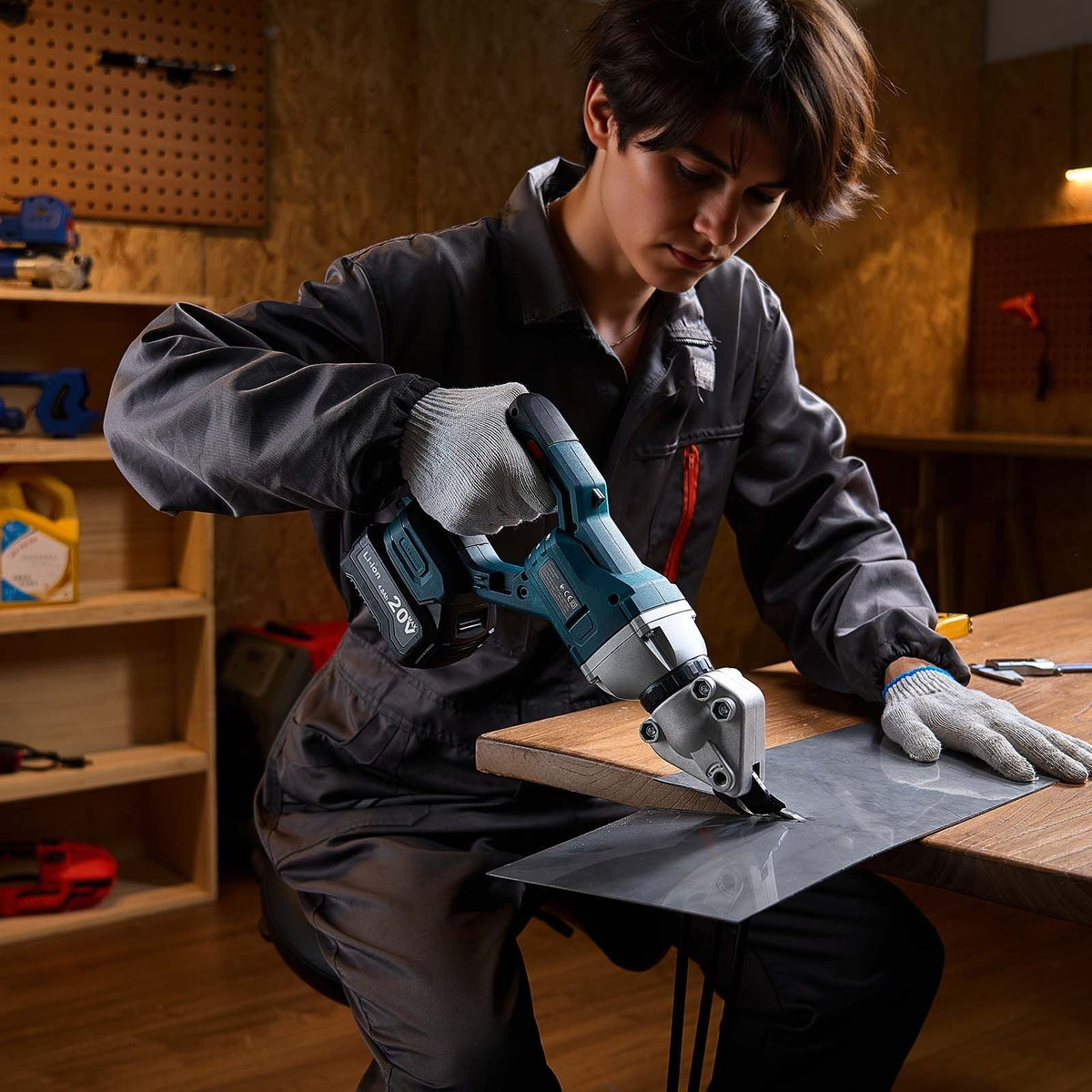 Metal Shear, Cordless Sheet Metal Cutter with 360-Degree Pivoting Head, Double Blades, 110VAC 20VDC, Cuts 18 GA Galvanized Steel, 20 GA Stainless Steel, Aluminum, Plastic, Cardboard, 2800SPM