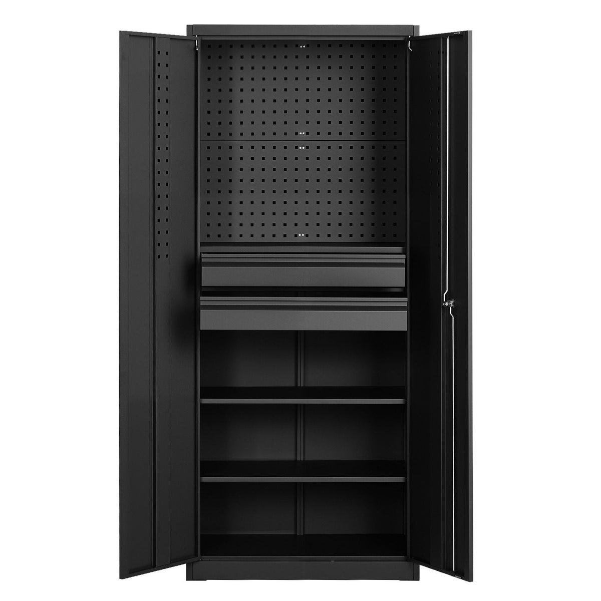 Metal Storage Cabinet, 180 lbs Shelf Load Capacity, 70.87" Tall Garage Tool Storage Cabinet with 2 Locking Doors, Adjustable Shelves, 2 Drawers, Pegboard, for Garage, Home, Office, Utility Room