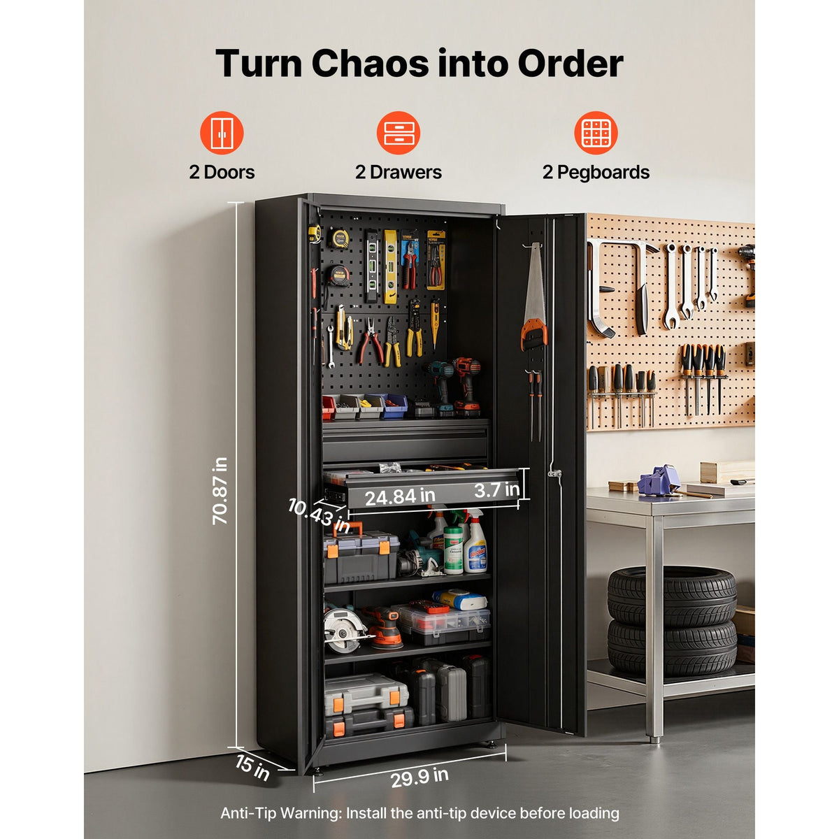 Metal Storage Cabinet, 180 lbs Shelf Load Capacity, 70.87" Tall Garage Tool Storage Cabinet with 2 Locking Doors, Adjustable Shelves, 2 Drawers, Pegboard, for Garage, Home, Office, Utility Room