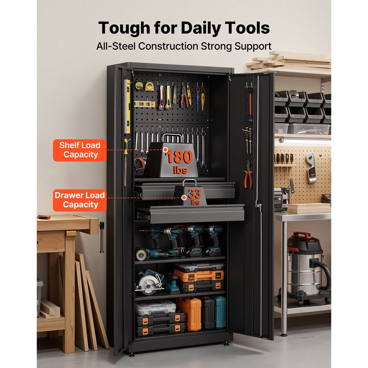 Metal Storage Cabinet, 180 lbs Shelf Load Capacity, 70.87" Tall Garage Tool Storage Cabinet with 2 Locking Doors, Adjustable Shelves, 2 Drawers, Pegboard, for Garage, Home, Office, Utility Room