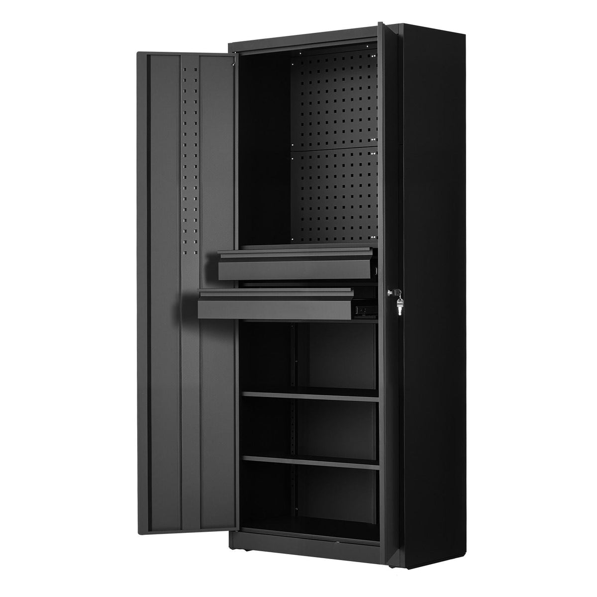 Metal Storage Cabinet, 180 lbs Shelf Load Capacity, 70.87" Tall Garage Tool Storage Cabinet with 2 Locking Doors, Adjustable Shelves, 2 Drawers, Pegboard, for Garage, Home, Office, Utility Room