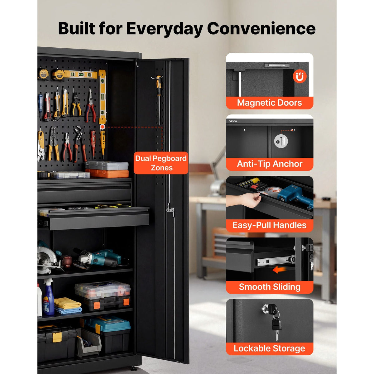 Metal Storage Cabinet, 180 lbs Shelf Load Capacity, 70.87" Tall Garage Tool Storage Cabinet with 2 Locking Doors, Adjustable Shelves, 2 Drawers, Pegboard, for Garage, Home, Office, Utility Room