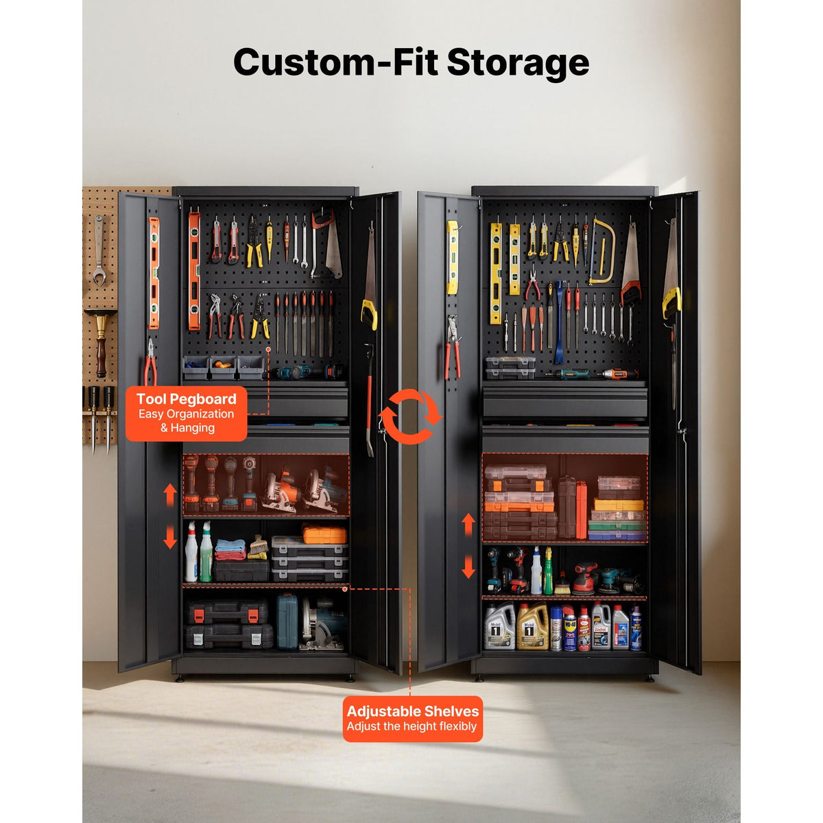 Metal Storage Cabinet, 180 lbs Shelf Load Capacity, 70.87" Tall Garage Tool Storage Cabinet with 2 Locking Doors, Adjustable Shelves, 2 Drawers, Pegboard, for Garage, Home, Office, Utility Room