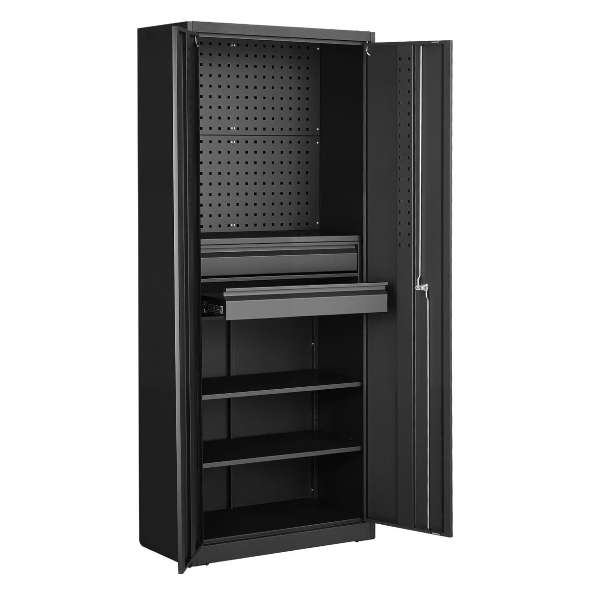 Metal Storage Cabinet, 180 lbs Shelf Load Capacity, 70.87" Tall Garage Tool Storage Cabinet with 2 Locking Doors, Adjustable Shelves, 2 Drawers, Pegboard, for Garage, Home, Office, Utility Room