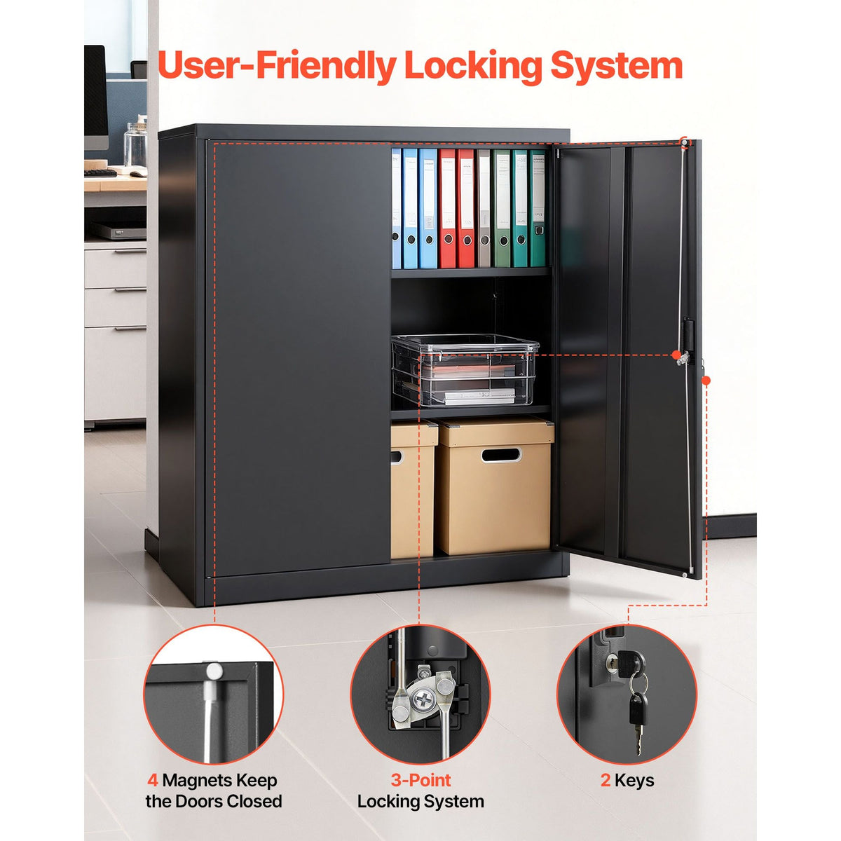 Metal Storage Cabinet, 41.7 in Steel Garage Cabinet with 2 Adjustable Shelves, 2 Magnetic Doors & 2 Keys, 3 Tiers Lockable Tool Storage for Pantry, Warehouse, Basement, Office, Black