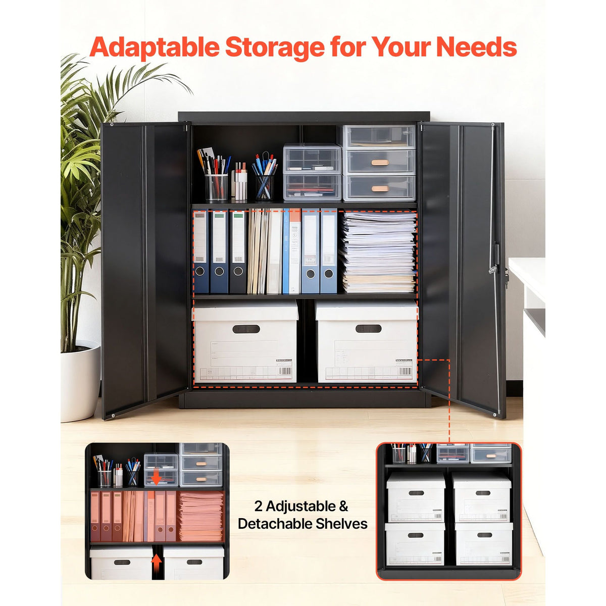 Metal Storage Cabinet, 41.7 in Steel Garage Cabinet with 2 Adjustable Shelves, 2 Magnetic Doors & 2 Keys, 3 Tiers Lockable Tool Storage for Pantry, Warehouse, Basement, Office, Black