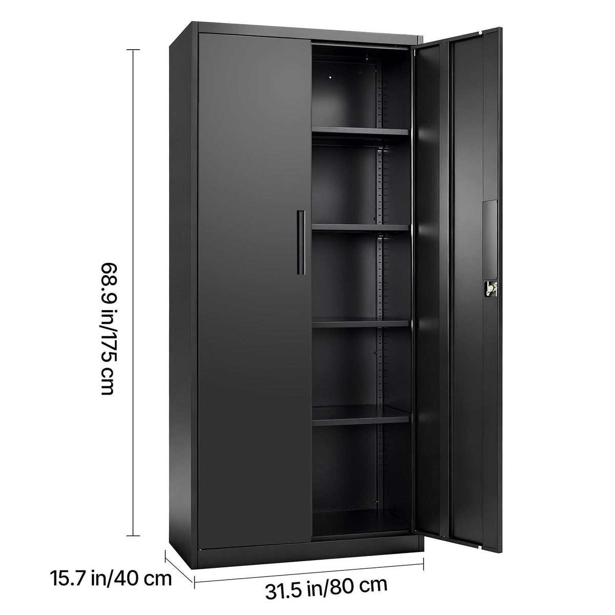 Metal Storage Cabinet, 68.9 in Lockable Steel Garage Cabinet with 4 Adjustable Shelves, 2 Magnetic Doors, 2 Keys, 5 Tiers Tool Storage for Pantry, Warehouse, Basement, Laundry, Office, Black