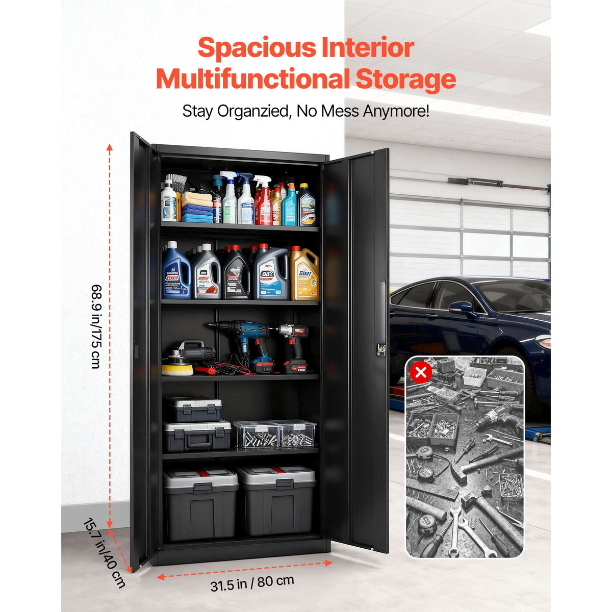Metal Storage Cabinet, 68.9 in Lockable Steel Garage Cabinet with 4 Adjustable Shelves, 2 Magnetic Doors, 2 Keys, 5 Tiers Tool Storage for Pantry, Warehouse, Basement, Laundry, Office, Black