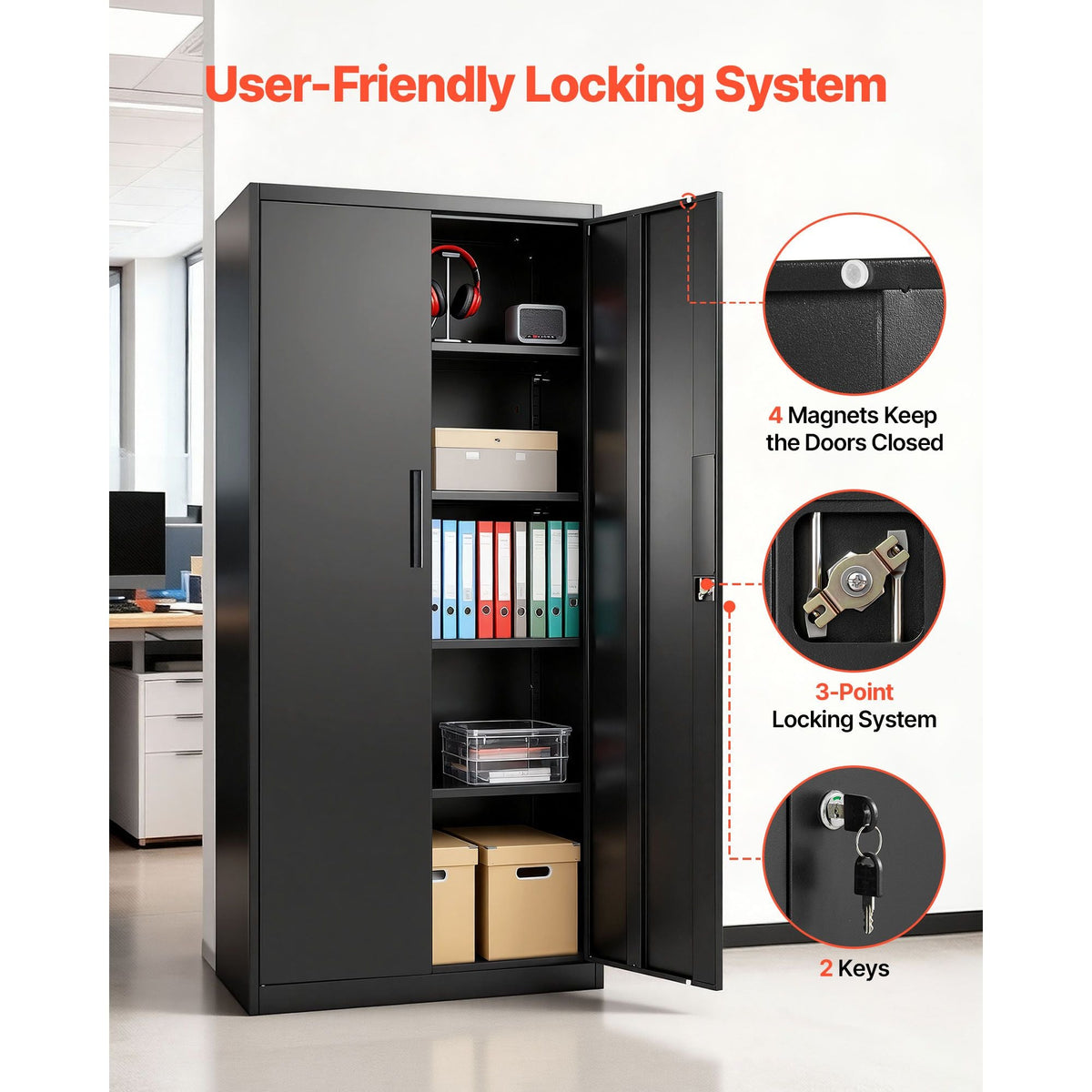 Metal Storage Cabinet, 68.9 in Lockable Steel Garage Cabinet with 4 Adjustable Shelves, 2 Magnetic Doors, 2 Keys, 5 Tiers Tool Storage for Pantry, Warehouse, Basement, Laundry, Office, Black