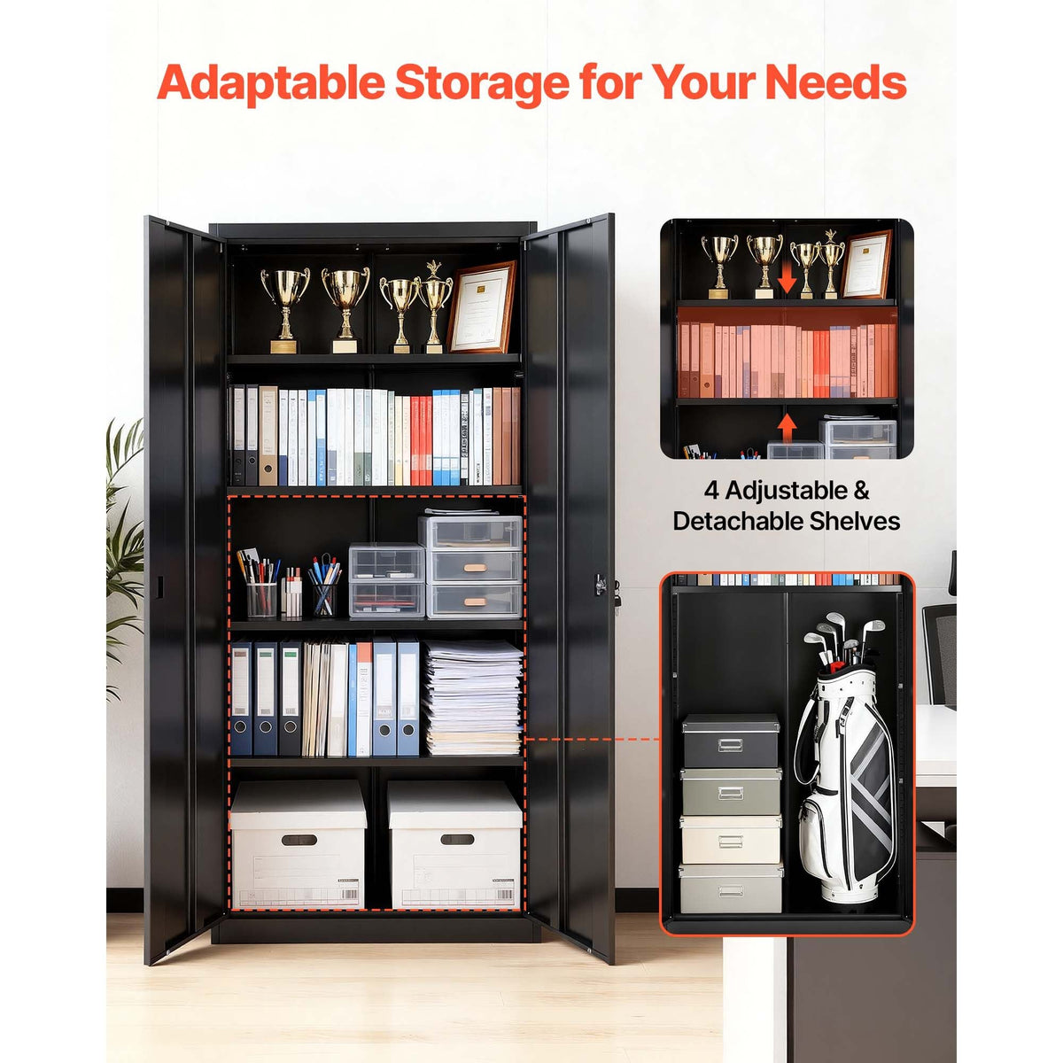 Metal Storage Cabinet, 68.9 in Lockable Steel Garage Cabinet with 4 Adjustable Shelves, 2 Magnetic Doors, 2 Keys, 5 Tiers Tool Storage for Pantry, Warehouse, Basement, Laundry, Office, Black