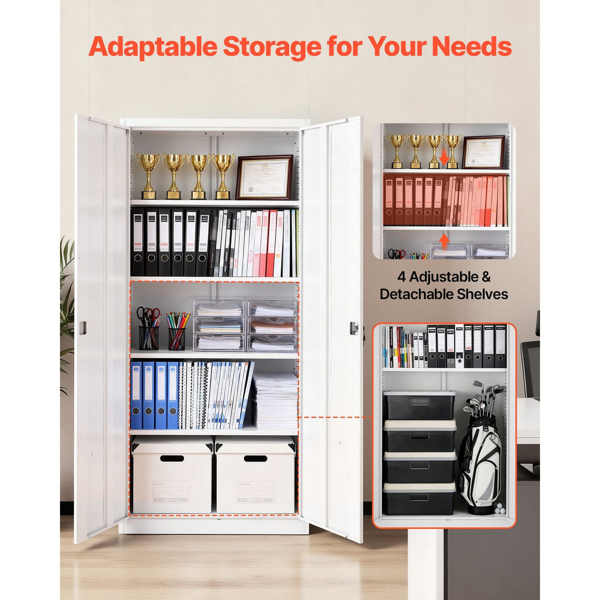 Metal Storage Cabinet, 68.9 in Lockable Steel Garage Cabinet with 4 Adjustable Shelves, 2 Magnetic Doors, 2 Keys, 5 Tiers Tool Storage for Pantry, Warehouse, Basement, Laundry, Office, White