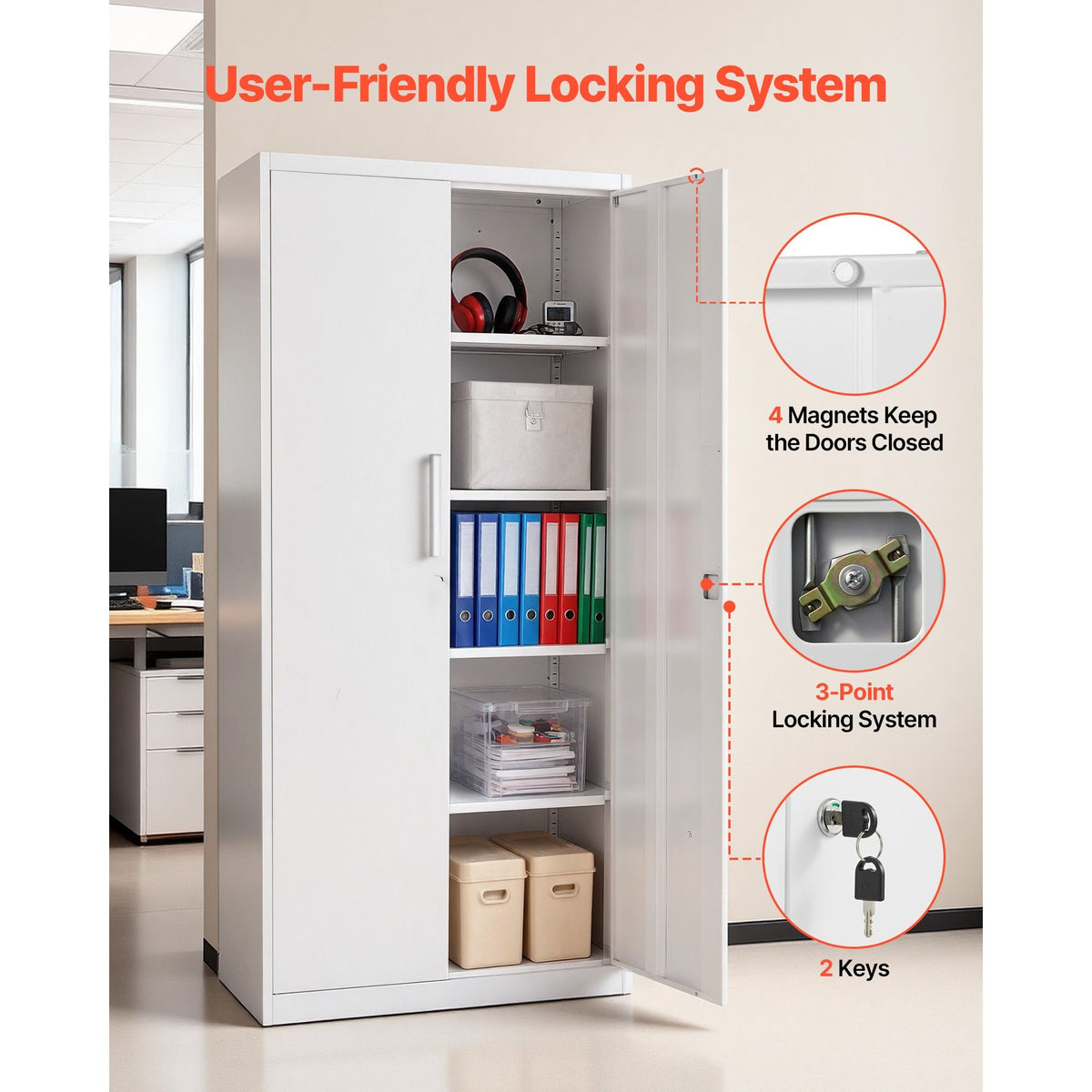 Metal Storage Cabinet, 68.9 in Lockable Steel Garage Cabinet with 4 Adjustable Shelves, 2 Magnetic Doors, 2 Keys, 5 Tiers Tool Storage for Pantry, Warehouse, Basement, Laundry, Office, White