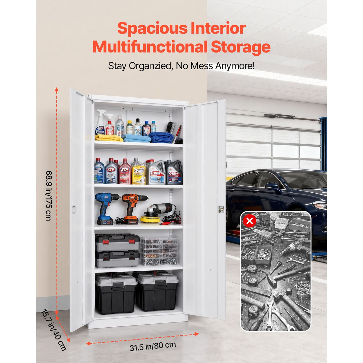 Metal Storage Cabinet, 68.9 in Lockable Steel Garage Cabinet with 4 Adjustable Shelves, 2 Magnetic Doors, 2 Keys, 5 Tiers Tool Storage for Pantry, Warehouse, Basement, Laundry, Office, White