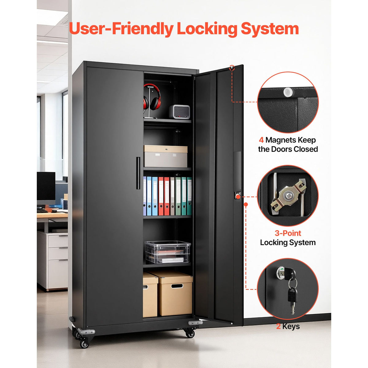 Metal Storage Cabinet, 72.6 in Rolling Steel Garage Cabinet with 4 Adjustable Shelves, 2 Magnetic Doors & 2 Keys, 5 Tiers Lockable Tool Storage for Pantry, Warehouse, Basement, Office, Black