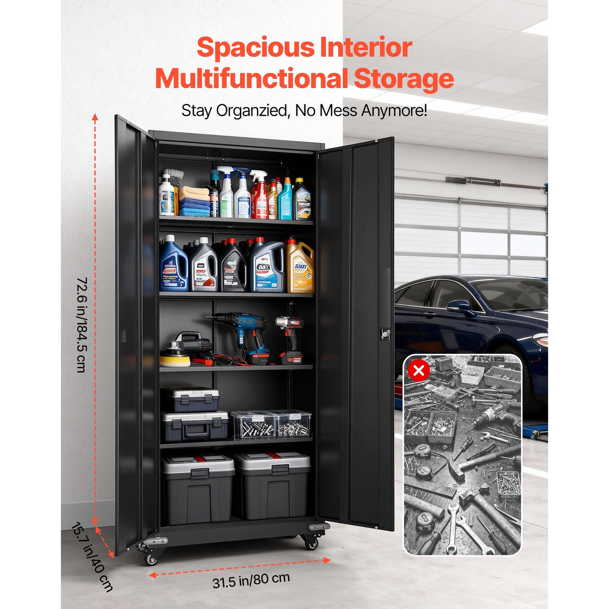 Metal Storage Cabinet, 72.6 in Rolling Steel Garage Cabinet with 4 Adjustable Shelves, 2 Magnetic Doors & 2 Keys, 5 Tiers Lockable Tool Storage for Pantry, Warehouse, Basement, Office, Black