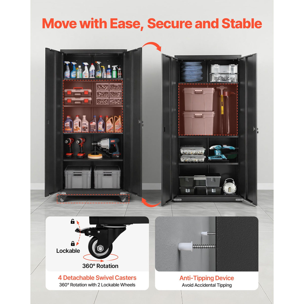 Metal Storage Cabinet, 72.6 in Rolling Steel Garage Cabinet with 4 Adjustable Shelves, 2 Magnetic Doors & 2 Keys, 5 Tiers Lockable Tool Storage for Pantry, Warehouse, Basement, Office, Black