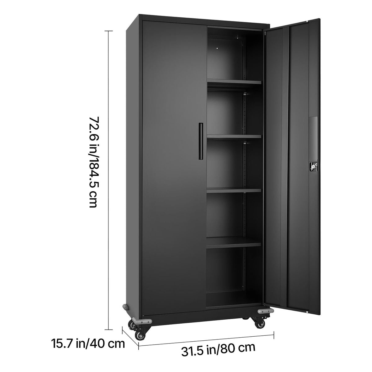 Metal Storage Cabinet, 72.6 in Rolling Steel Garage Cabinet with 4 Adjustable Shelves, 2 Magnetic Doors & 2 Keys, 5 Tiers Lockable Tool Storage for Pantry, Warehouse, Basement, Office, Black